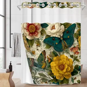 1pc hookless shower curtain with snap fastener, Bathroom Curtain, retro butterfly flower 2D printing, fabric waterproof inner lining double-layer shower curtain with transparent window and liner, 71 x 74 inches, home curtain decoration