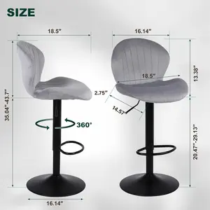 Modern Bar Stools Set of 3, Velvet Height Adjustable Swivel Barstools, Armless Kitchen Island Counter Chairs with Back & Footrest, Grey