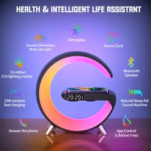 Smart G Shaped LED Table Lamp 4-in-1 Wireless Charger Color Changing Smart Night Light Multifunctional Alarm Clock and Bluetooth Speaker with App Control Ambient Night Lamp for Bedroom Office and Home Decoration Wireless Induction Bluetooth Speaker Stand