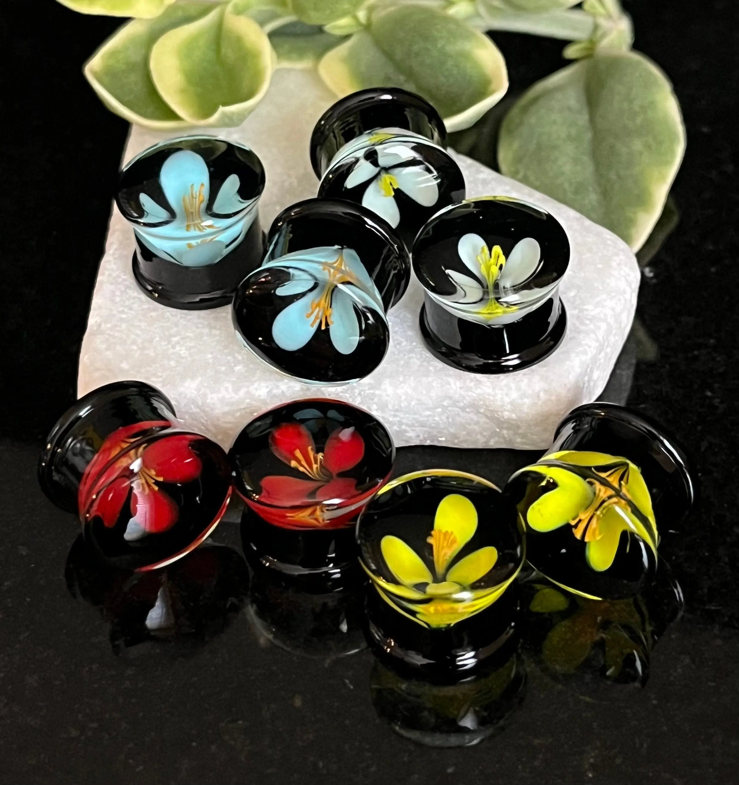 PAIR of Unique Floating Flower Black Pyrex Glass Double Flare Plugs- Gauges 0g (8mm) thru 3/4" (19mm)
