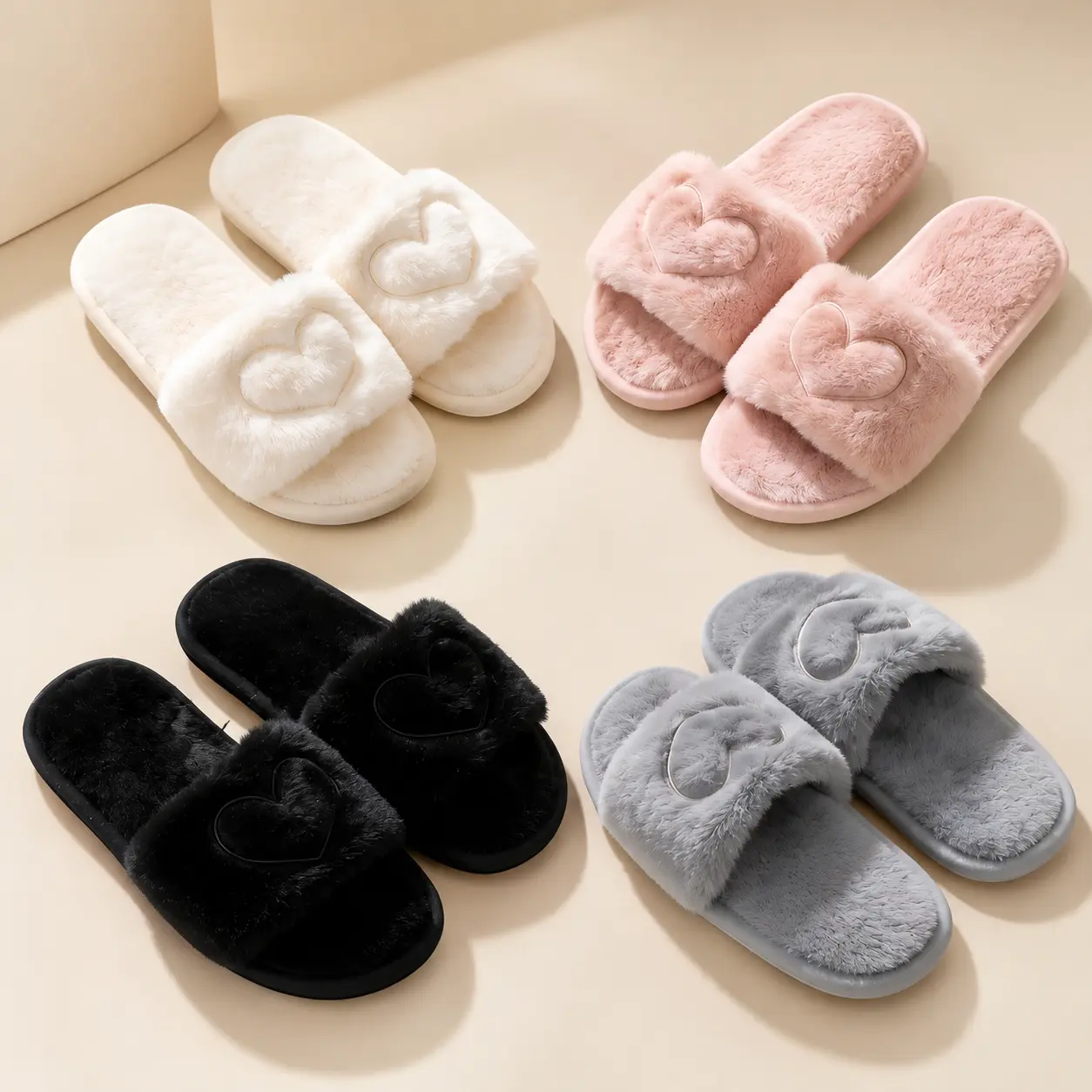 Heart-print plush slippers, soft indoor slippers, available in various colors, quiet and warm home plush slippers, women’s slippers, casual everyday home slippers, non-slip flip-flop style, a must-have for autumn and winter, soft and comfortable