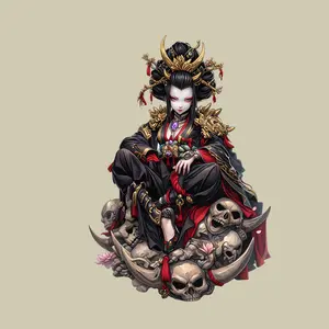 Samurai Demon Mask Girl Sticker, Red Black Armor Warrior, Japanese Oni Anime Character Art