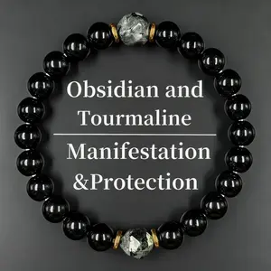 Obsidian & Black Tourmaline Bracelet - Manifestation & Protection Healing Crystal Beads Jewelry for Men & Women, Christmas Gift, Gifts for Mother's Day, Father's Day, Valentine's, Birthdays, Anniversary, Black Grounding Stone Beaded Bracelet