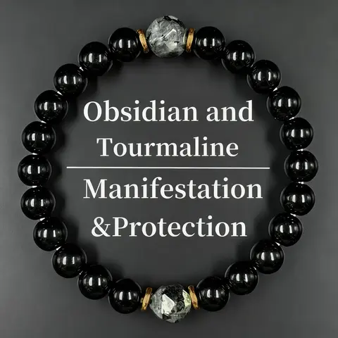 Women's 1-Pce Obsidian & Black Tourmaline Grounding Energy Beaded Bracelet Jewelry - Healing Arm Candy Bangle, Casual Fashion Costume Accessory, Daily Wear, Meaningful Anniversary Gift, Manifestation Piece for Women