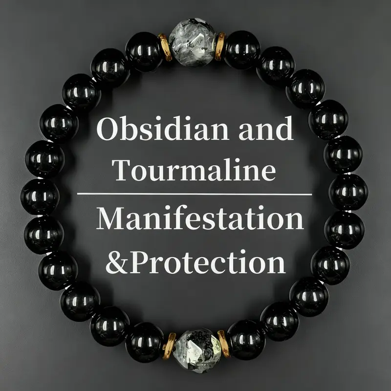 Women's 1-Pce Obsidian & Black Tourmaline Grounding Energy Beaded Bracelet Jewelry - Healing Arm Candy Bangle, Casual Fashion Costume Accessory, Daily Wear, Meaningful Anniversary Gift, Manifestation Piece for Women