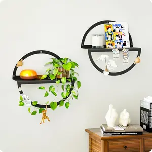 Round Floating Shelves for Wall, Modern Circular Wall-Mounted Displays in Black Metal for Living Room, Bedroom & Bathroom – Unique Hanging Decor & Storage, Set of 2