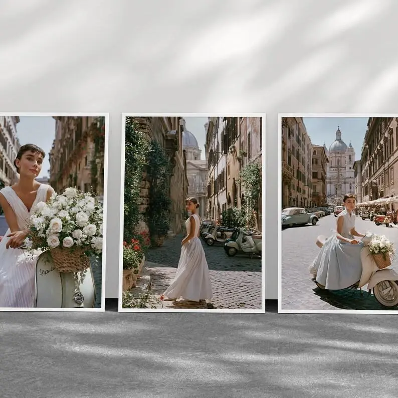 Audrey Hepburn Style Roman Holiday Prints, Vintage Vespa Wall Art (Set of 3)