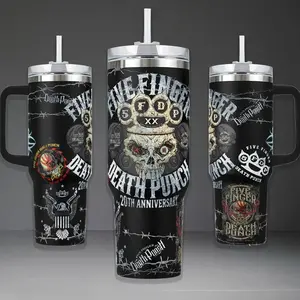 Five Finger Death Punch 20th Anniversary Tumbler, FFDP Knuckle Skull 40oz Cup with Handle, Death Punch Retro Rock Stainless Steel Travel Mug, Metalhead Gift, FFDP Inspired Insulated Tumbler