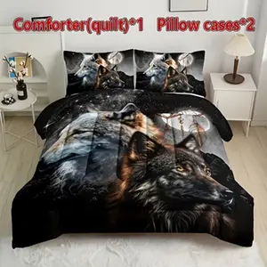 3pcs Forest Night Animal Wolf Dream Catch Net Quilt Set, Soft Comfort Lightweight Breathable Printed Home Dorm Air Conditioning Blanket