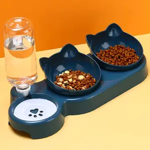 Pet Bowls With Water Feeder, 3 In 1 Ear Design Tilted Cat Water And Food Bowl Set With Gravity Water Bottle For Neck Protection Drinking Water Bowl