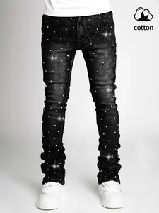 Sparkle Denim Jeans, High-Waisted Straight Fit, Casual Street Style, Perfect for All Seasons, Comfortable Button Fly Closure