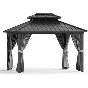 13'X10' Hardtop Gazebo, All-Weather Aluminum Frame Outdoor Canopy with Double Polycarbonate Roof, Permanent Outdoor Gazebo with Netting & Curtains for Garden, Lawns, Patio, Grey, Gazebo Outdoor Patio