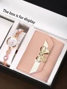 Women’s Quartz Analog Watch, Elegant Bow Card Case, Zinc Alloy Strap, Perfect Gift for Women, All Seasons Wear, Fashion Watch Set, Fashionable Wristwatch
