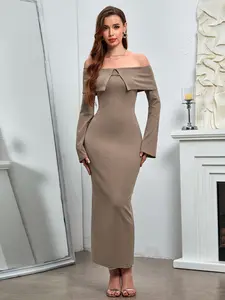 Metal Decoration Backless Off Shoulder Bodycon Long Sleeve Dress，Elegant and Simple Date Party Dinner Dress