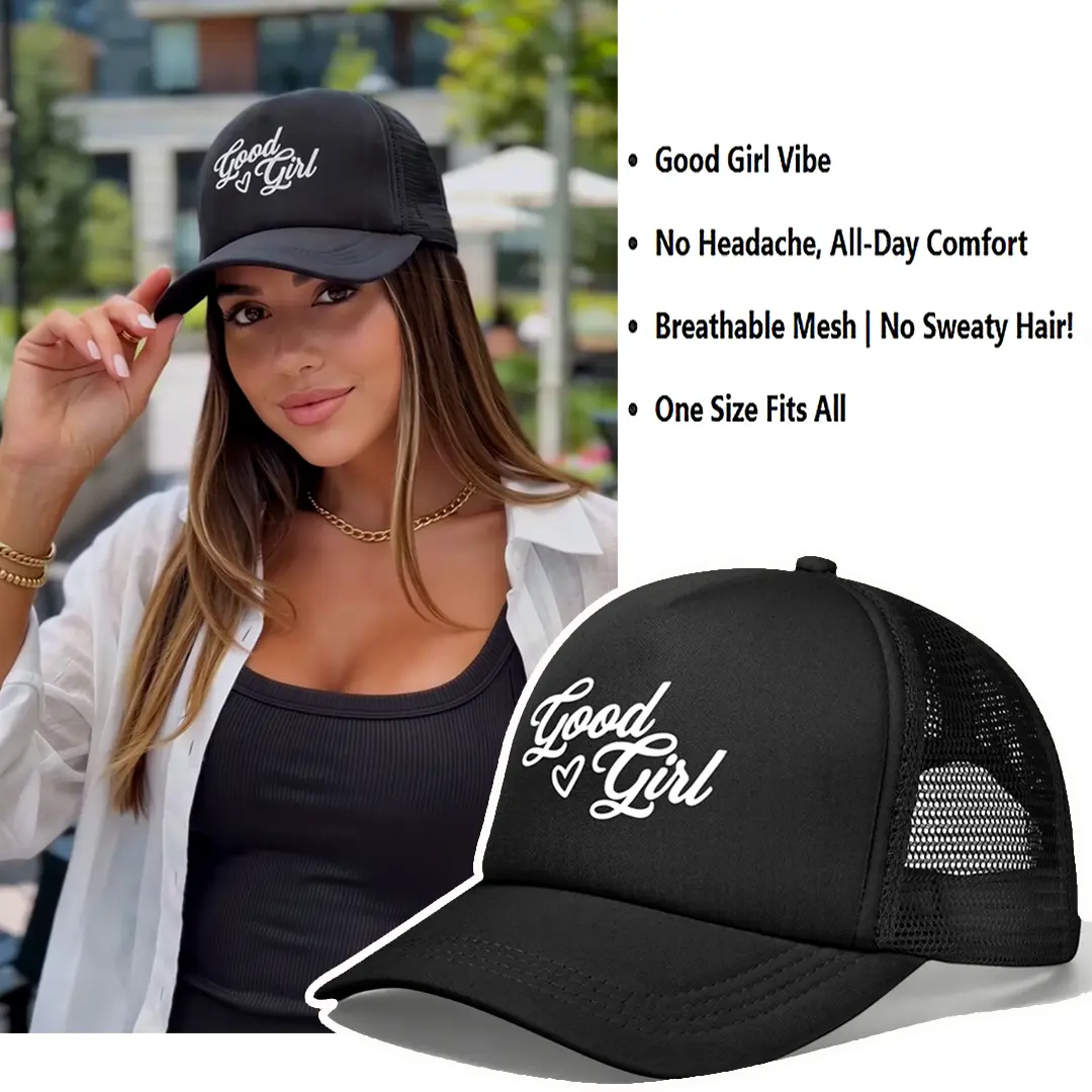 No Headache All-Day Trucker Hat| Good Girl Vibe Cute Heart Mesh Cap, Adjustable Black Summer Hat for Women, Casual Beach Wear,adjustable casual hat,adjustable stylish hat,summer hats for women,black cap baseball,hats for women