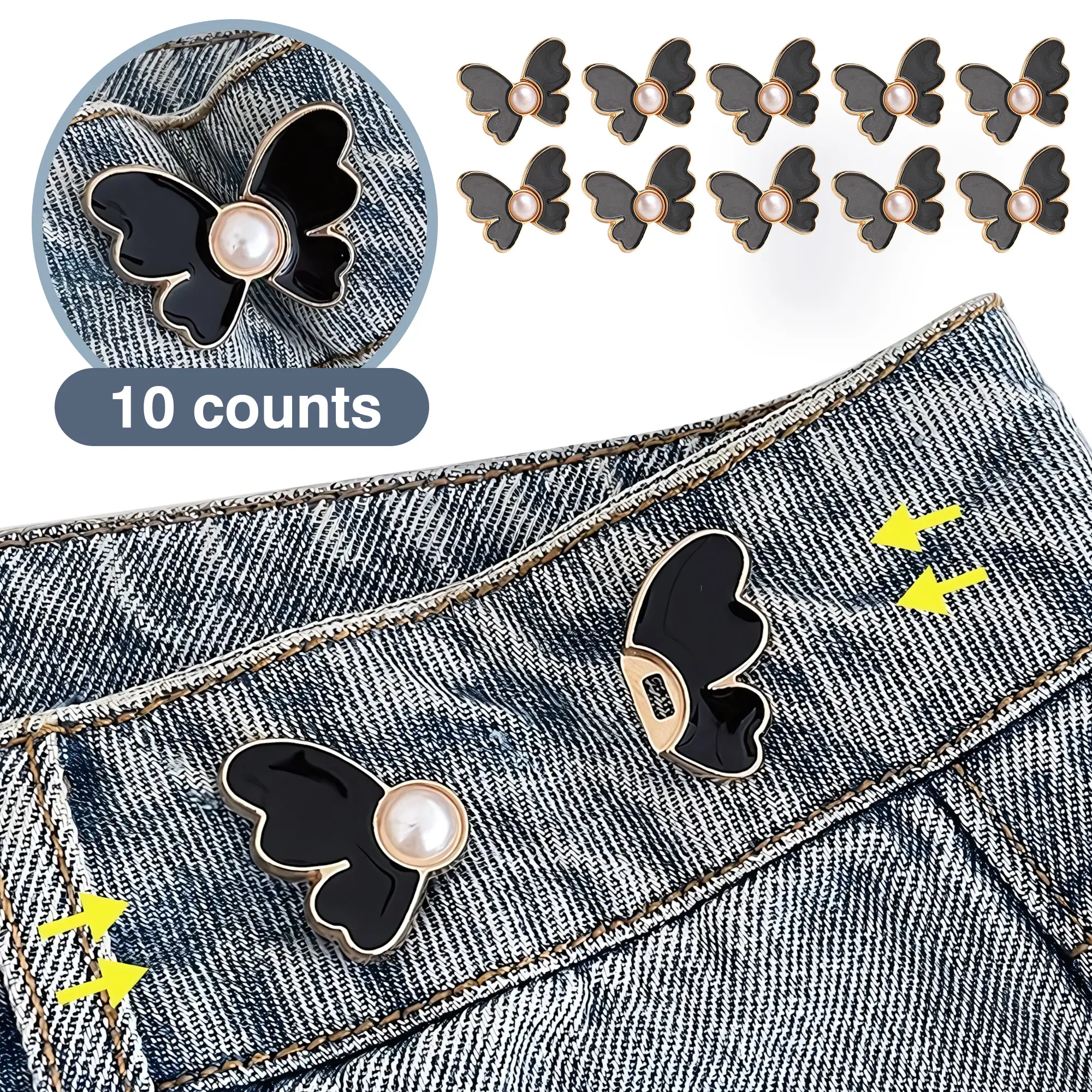 10 Counts Pant Waist Tightener, Adjustable Waist Tightener Clip, No Sew Butterfly Waist Buckles Pins for Loose Jeans or Skirts, Detachable Decorative