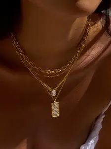 Ladies Necklace White Diamond Rectangular Pendant Stainless Steel Flat Byzantine Chain 18k Gold Plated Waterproof Anti Allergy Unique Modern Casual Comfortable And Versatile Women s Accessory