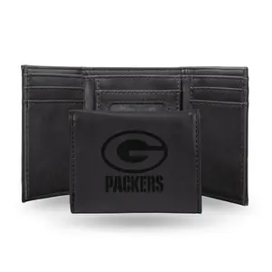 212 MAIN NFL Green Bay Packers Laser-Engraved Black Trifold Wallet, Trifold Card Holder Sports Collectibles Accessory, Faux Leather