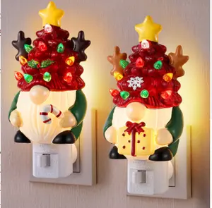 2 Pack Christmas Gnome Night light 6.1''H Small Ceramic Xmas Tree Campfire Night light Nostalgia Plug In Night light, 3.93''H Brown Black Bear for Holiday Bedroom Livingroom Bathroom Hallway Indoor Decorations Christmas Gift Ideas