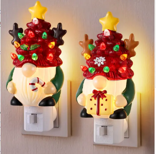 2 Pack Christmas Gnome Night light 6.1''H Small Ceramic Xmas Tree Campfire Night light Nostalgia Plug In Night light, 3.93''H Brown Black Bear for Holiday Bedroom Livingroom Bathroom Hallway Indoor Decorations Christmas Gift Ideas
