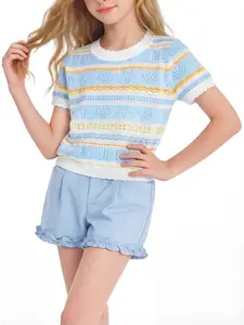 Girls Knit Crop Top Short Sleeve Pointelle Nautical Shirt Cute Summer Top Beach Vacation Shirt for Teens 6-16Y