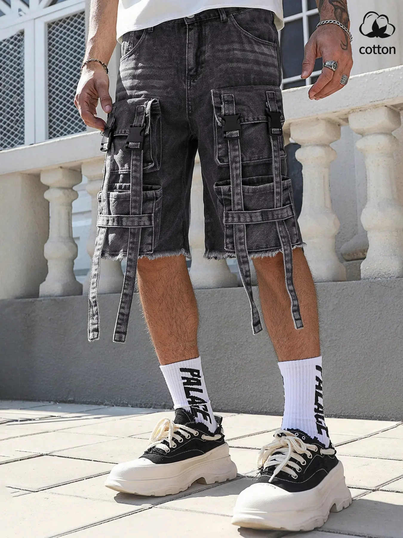 Emrg Y2K vintage-style men's loose-fitting casual denim shorts feature distressed detail design, providing comfort for summer wear. With functional pockets, they are versatile and suitable for everyday wear streetwear bottom Casual Loose Comfy