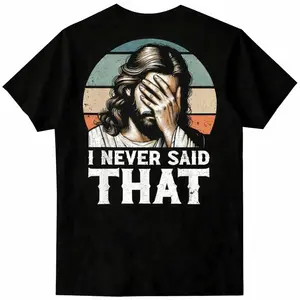 Funny I Never Said That Jesus Meme Christian T-Shirt - Black Retro Graphic Tee with Shushing Jesus Design, Breathable 220gsm Cotton, Regular Fit Crew Neck Short Sleeve for Men & Women