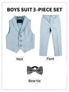 Boys Preppy Style 3-Piece Suit Set Vest + Trousers + Bow Tie Minimalist Premium Silhouette 4 Colors for Different Styles Ideal for Primary School Grad Photos School Events No Shirt Included