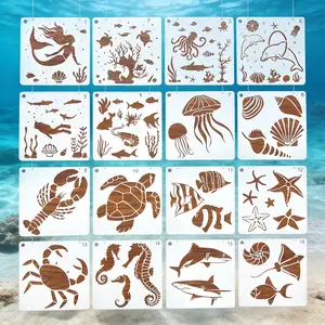 16pcs Ocean Life Hollow Painting Templates DIY Board Decoration Album Handmade Graffiti Coloring Stencil Material for Wood Fabric Wall Paper