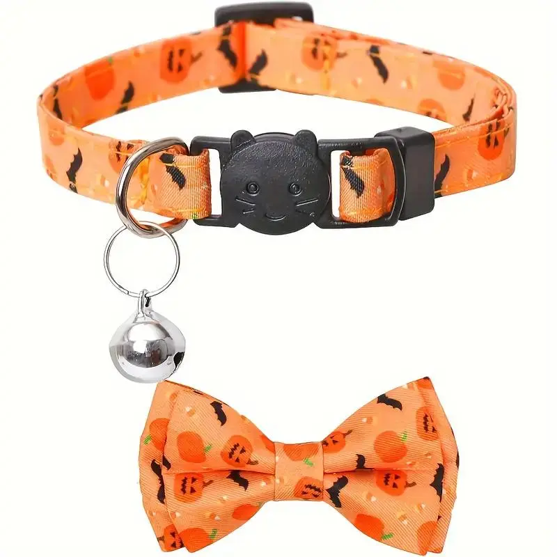Halloween Festive Cartoon Pattern Polyester Cat Collar with Bell, Bowtie, Adjustable Breakaway Pet Necklace with Safety Buckle, Cat Jewelry Accessory