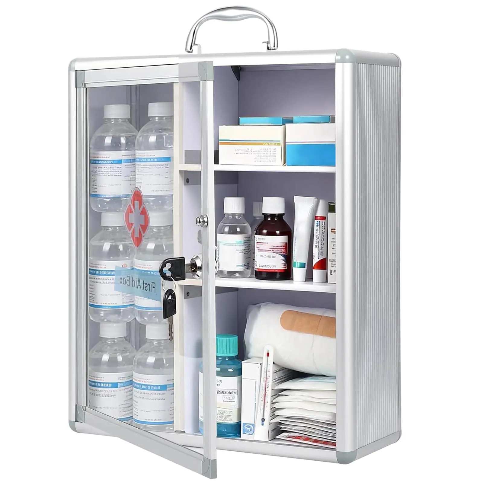 Wall-mount locking medicine cabinet with handle. First aid cabinet, lockable medical cabinet and medicine storage organizer. Secure wall cabinet storage box for safe medication storage. Large.