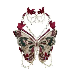 Butterfly embroidery with crystal metal chain pendant hollow high elastic backless tight tropical holiday camping short top