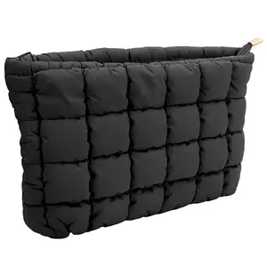 Quilted Checkered Puffer Makeup Pouch, Minimalist Sleek Black Cosmetics Organizer, Travel Cosmetic Bag for Makeup Brushes and Toiletries, Travel Cosmetic Bags