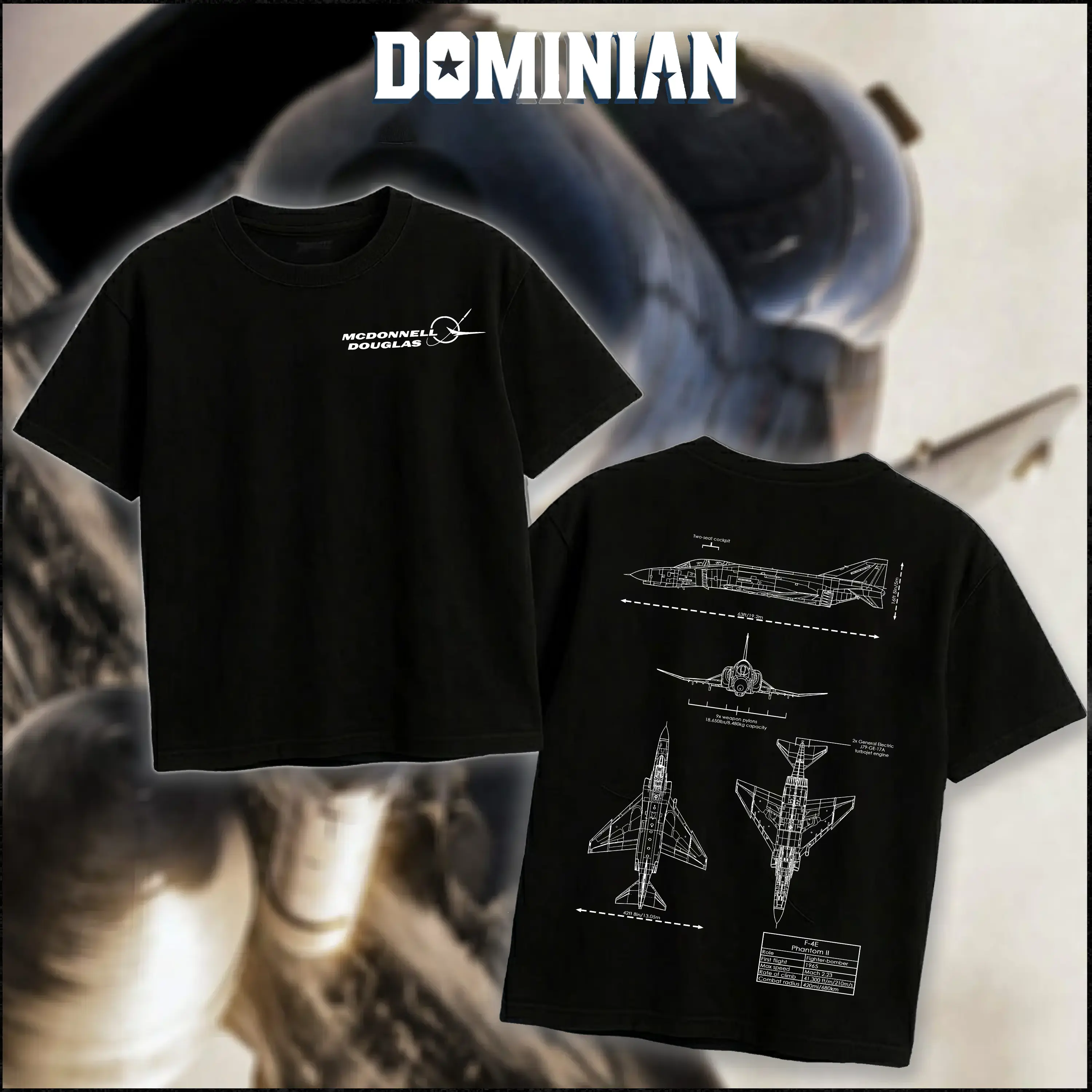 DOMINIAN F4E Phantom II Blueprint T-Shirt/Hoodie Vintage Mcdonnell Douglas Graphic Tee Military Enthusiast Streetwear Clothing Gift for Men Breathable Printing