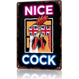 Nice Cock UK Flag Rooster Neon Style Metal Tin Sign, 12x8 Inch Aluminum Wall Art, Vintage Rustic Humorous Poster for Man Cave, Bar, Pub, Garage, Farmhouse Decor, Funny Gift for British Farmers, Rooster Lovers, Novelty Gag Gift