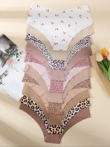 Women's Plain / All Over Print Panty, Breathable Cute Comfortable Seamless Pastel Knicker for Daily Wear, Women's Underwear for All Seasons, Seamless Panties Set