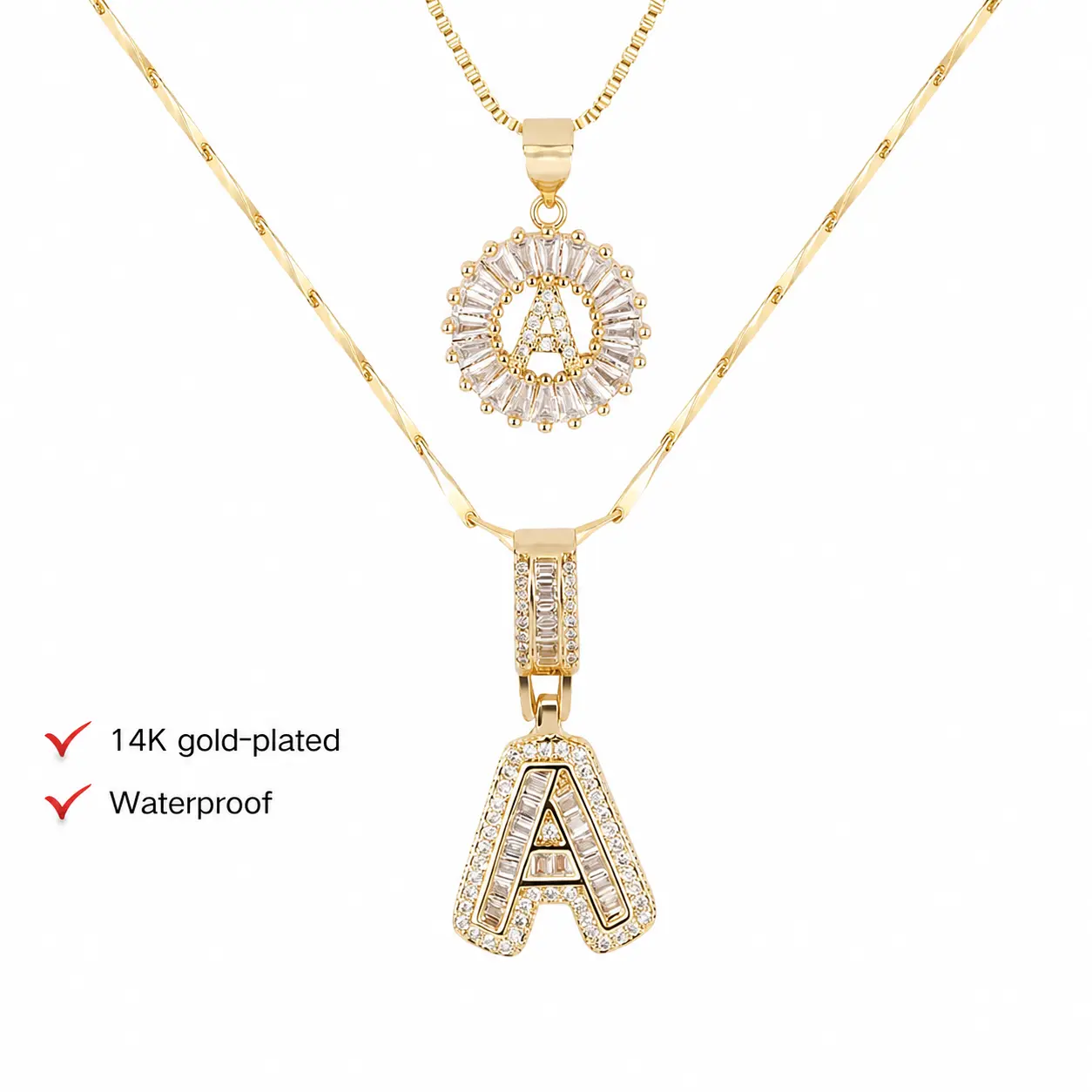 2-Pack Personalized Initial Letter Pendant Necklaces for Women, Layered A-Z Set, 14K Gold Plated Gold Option & Silver Color Option, Waterproof & Tarnish Resistant