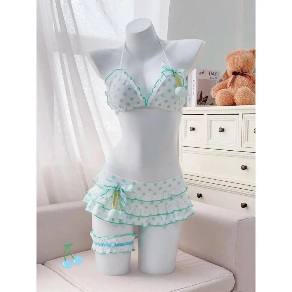 Women Y2k Sweet Bikini Set Japanese Kawaii Print Ruffles Lolita Swimsuit Crop Top + Skirt Two Piece Swimwear Beach Wear
