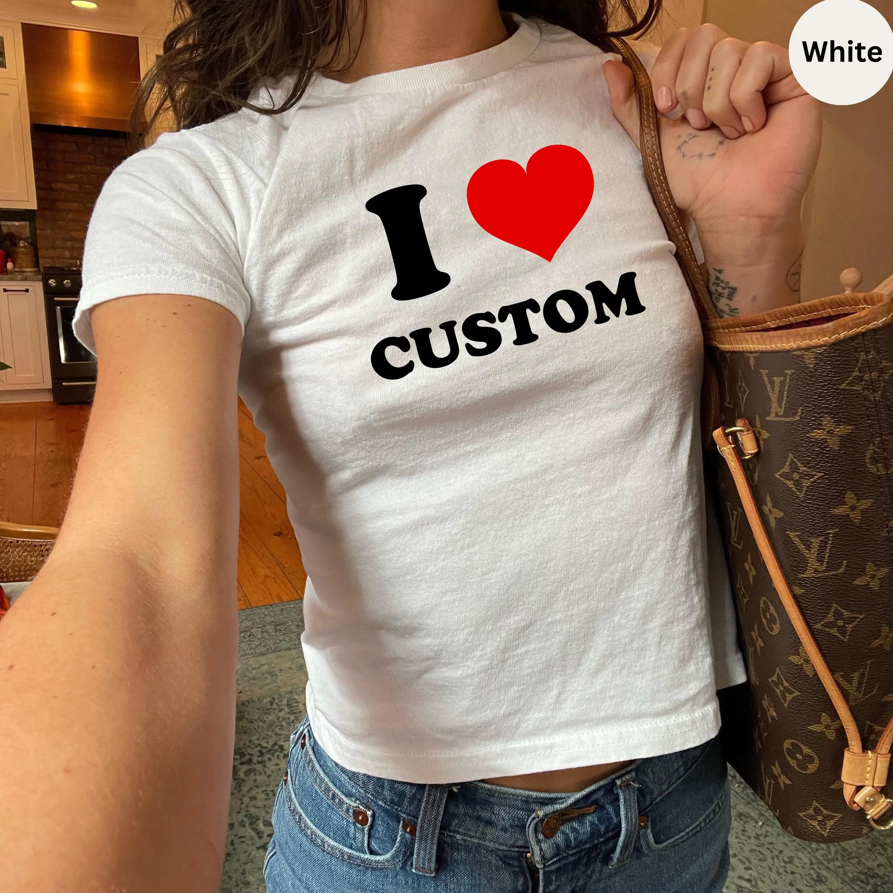 [Note/Text to custom ] I Heart Custom Text Baby Tee, Personalized Y2K 90s Fitted T-Shirt, Valentine’s Day Gift for Her, Custom Love Shirt