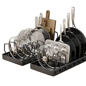 2pcs Expandable Cookware and Pan Storage Box, Cabinet Sliding Lid Rack and Kitchen Pan Rack, Pull-Out Kitchen Cabinet Storage Space