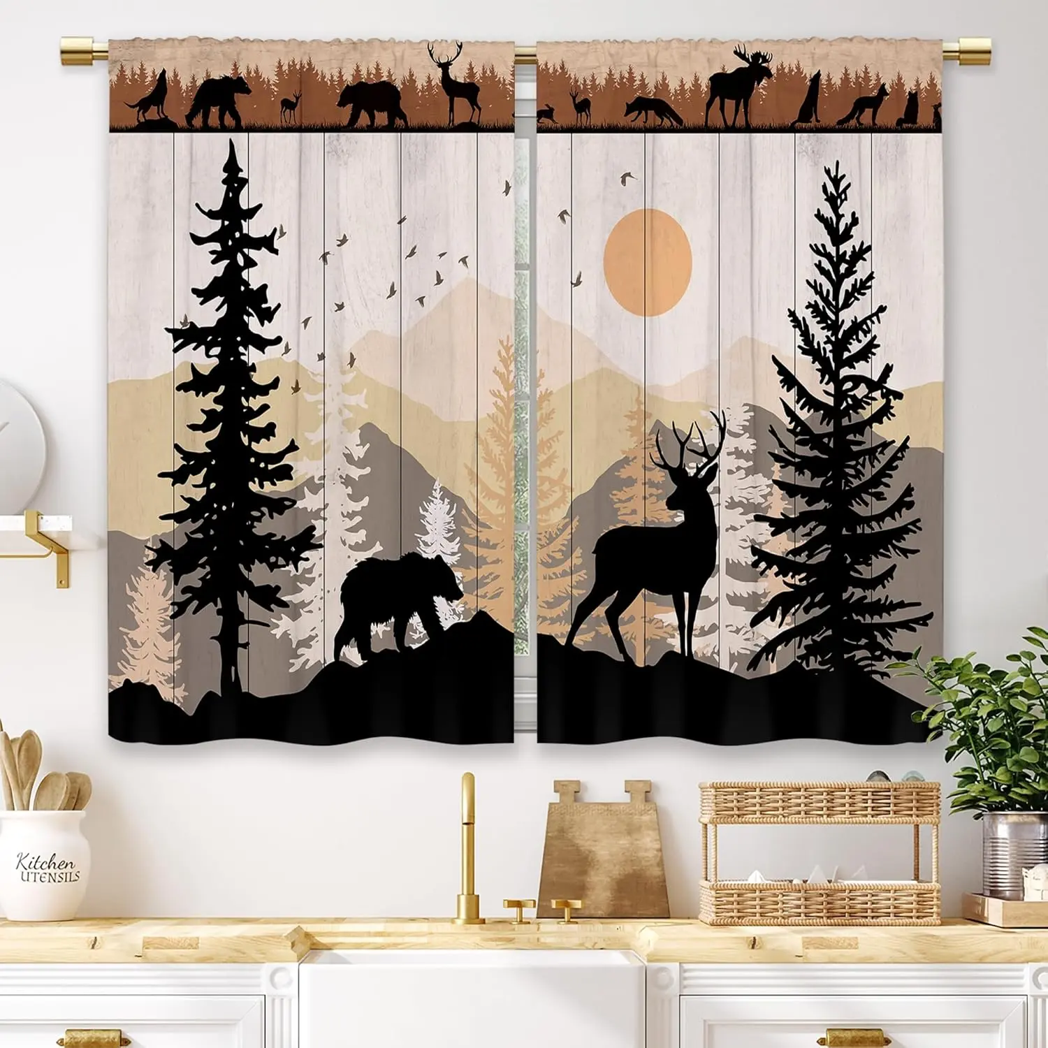 Farmhouse Forest Cabin Kitchen Curtains Rustic Wooden Small Short Cafe Window Curtains Tree Country Deer Bear Rod Pocket Bathroom Window Drapes Treatment Tier Curtains 2 Panels (27.5x39 Inch)