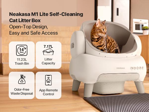 M1 Lite Open-Top Self Cleaning Cat Litter Box, Automatic Cat Litter Box with APP Control, Safety Protection, 1 Roll Waste Bag