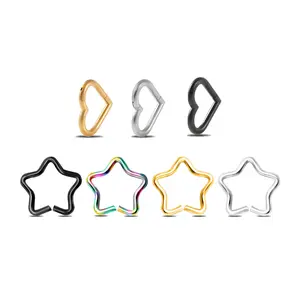 HERVAY 16G/8MM Stainless Steel Star & Five-Color Heart Jewelry - 8mm Size, Suitable for Nose/Rook/Helix/Daith/Tragus/Belly/Septum - Unisex Piercing Accessories