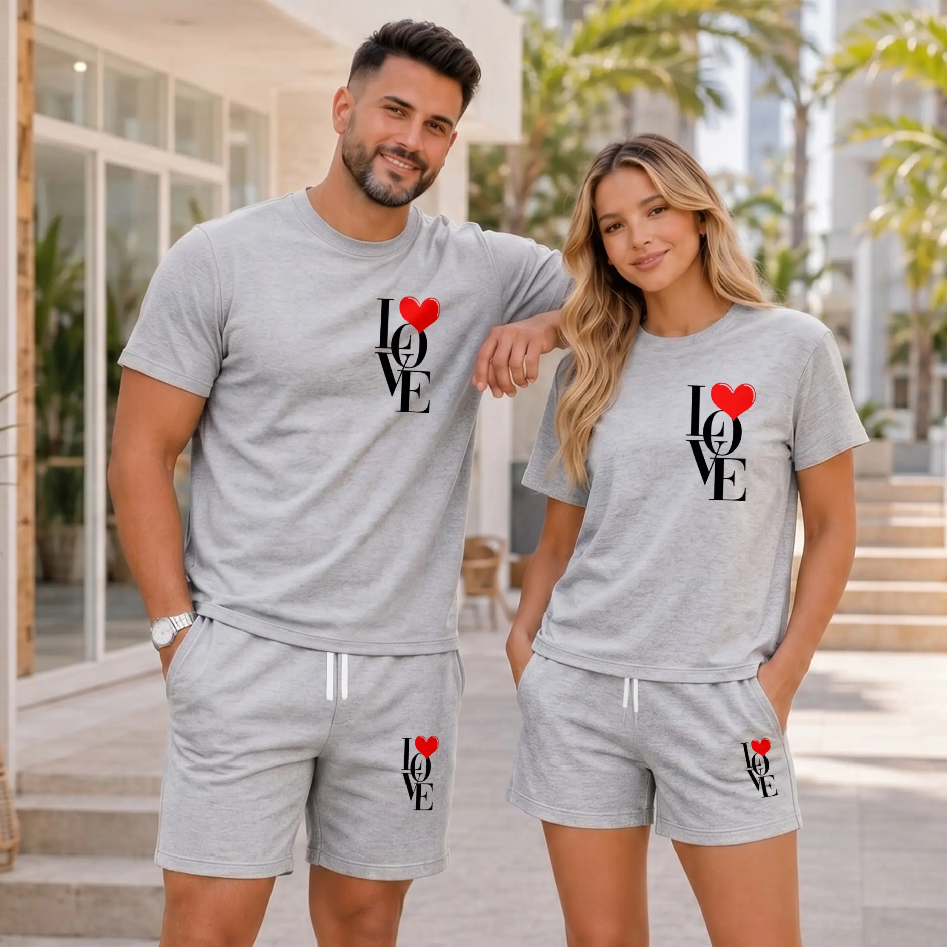 Couples’ Matching Love Heart T-Shirt and Shorts Set, His and Hers Summer Outfit, Casual Short Sleeve Tee and Drawstring Shorts Set for Vacation and Daily Wear
