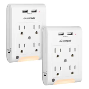 DEWENWILS 4-Outlet Outlet Extender with 2 USB Ports, Wall Outlet Adapter, Light Sensor Night Light, 1080 Joules Surge Protector-HOU402D