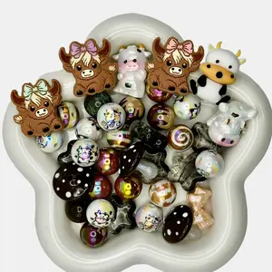Cows & Mushrooms Beads Mix with Silicone Focal Beads and Pen Toppers - 16 mm beads - Cow Charm Beads - Mushroom Beads - Resin & Acrylic Beads - Glitter Beads - for Crafting and DIY Projects