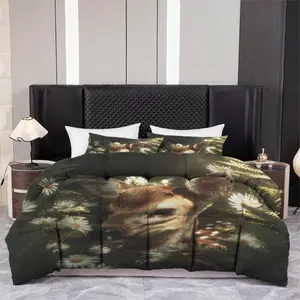 3pcs (1 comforter + 2 pillowcases) Polyester Bedding Set, Realistic Deer & Daisy Floral Print, Soft Warm All-Season Comforter Set, Hypoallergenic Easy Care, Wrinkle Fade Resistant, Queen King Full Size, Nature Woodland Theme Decor for Bedroom Home Do