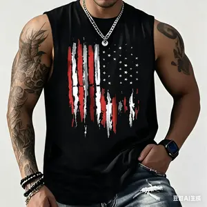 Men's American 100% Cotton Tank Top, Breathable & Comfy Sleeveless Athletic Shirt With Vibrant Geometric Print, For Summer Sports & Casual Wear, Summer Tank Tops Classic Gym Menswear