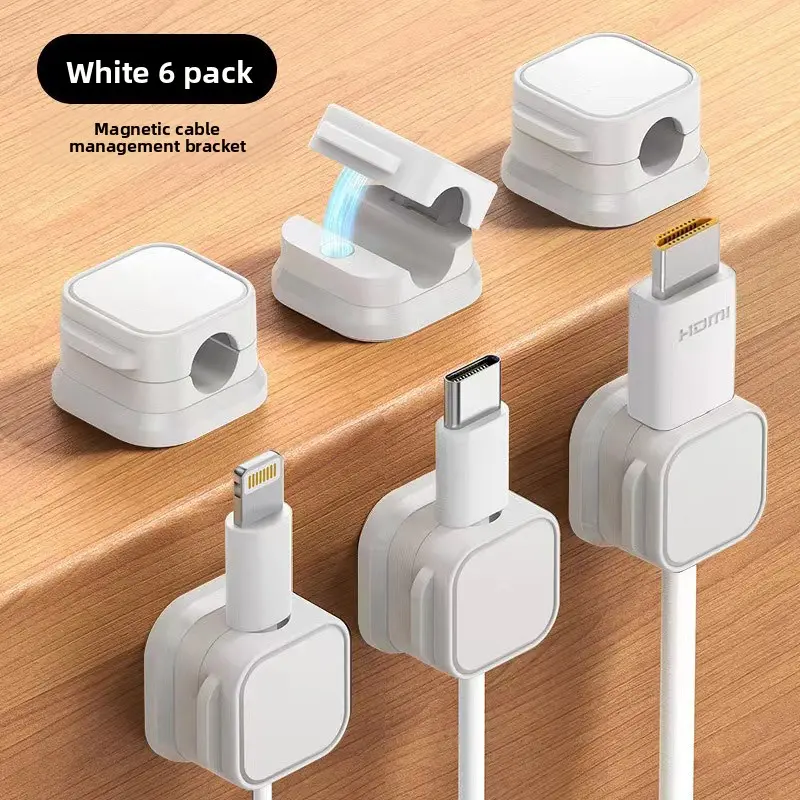 Magnetic Cable Management Brackets (6-Pack, White) – Strong Grip, Secure, Easy Access Organizer for 3C Digital Cables, Desk Accessories, Office Accessories, Cable Management Kit, Desk Cord Organizer