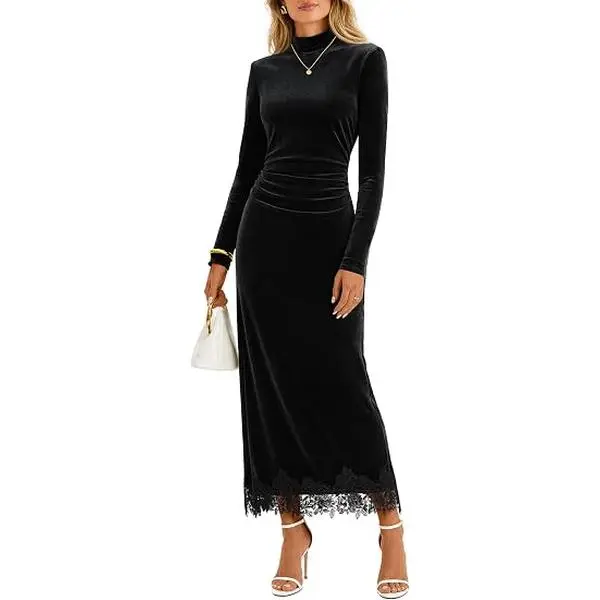 MEROKEETY Women's Velvet Lace Wedding Guest Cocktail Maxi Dress | Long Sleeve, Mock Neck, Ruched Waist, Elegant Fall Dress 2026, Back Slit, Zipper, Formal Maxi Dress, Slimming Fit, Date Night